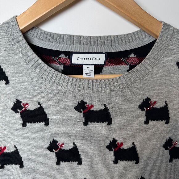 Charter Club Womens Sweater Scottie Dog Print Medium Gray Rhinestones Preppy - Picture 5 of 13